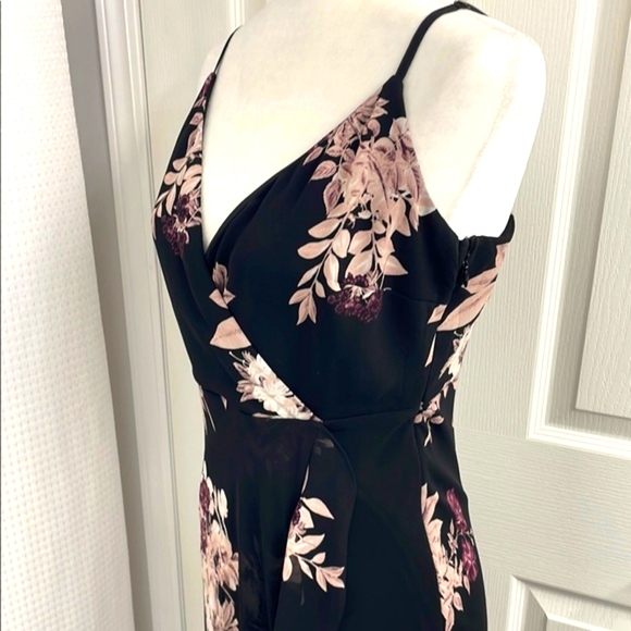 NWOT Black & Purple Floral Wrap Dress with High Low Ruffled Hem - Picture 14 of 17